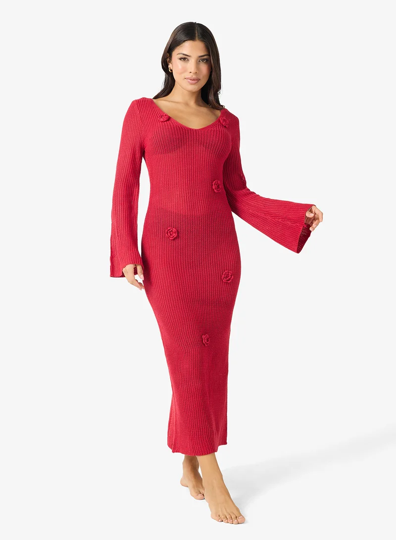 3D Floral Crochet Plunge Neck Beach Dress