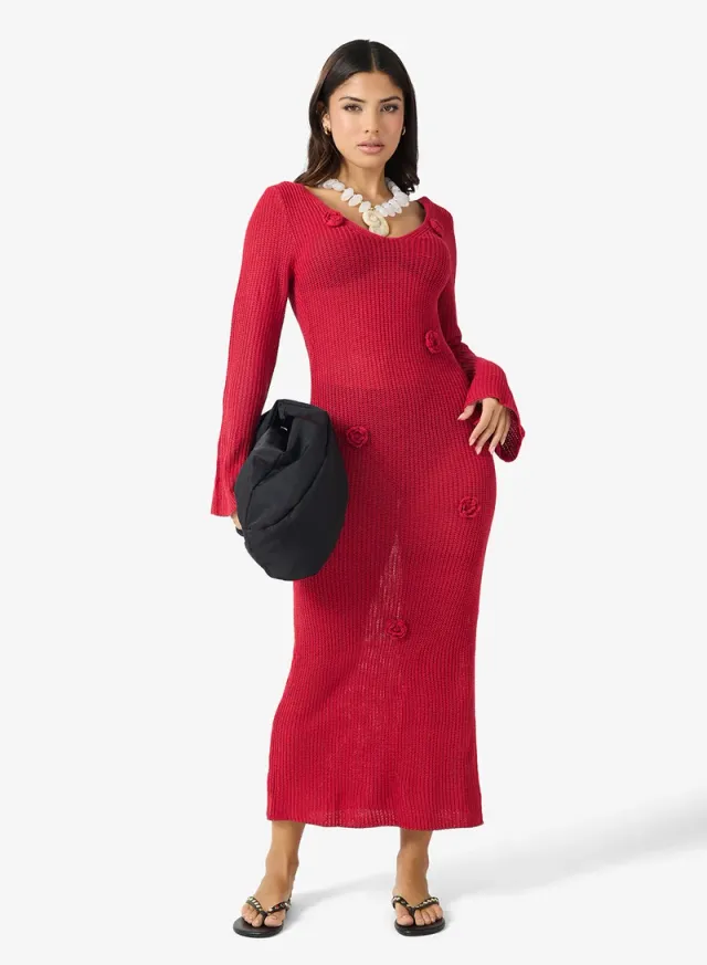 Red Crochet Maxi Dress with V Neck and 3D Floral Detail – image 4