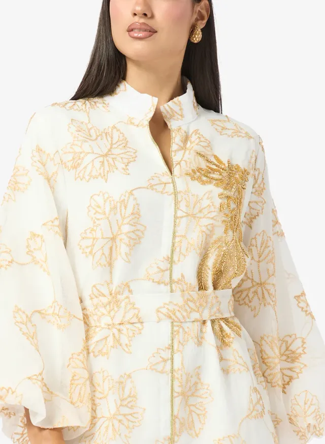Ivory Printed Puff Sleeve Maxi Shirt Dress with Embroidery – image 3