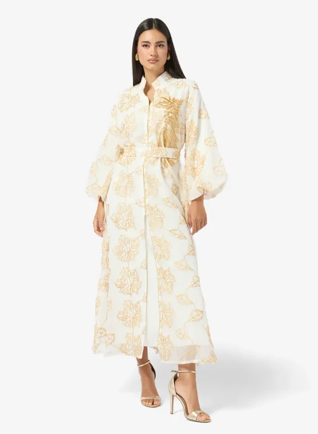 Ivory Printed Puff Sleeve Maxi Shirt Dress with Embroidery – image 4