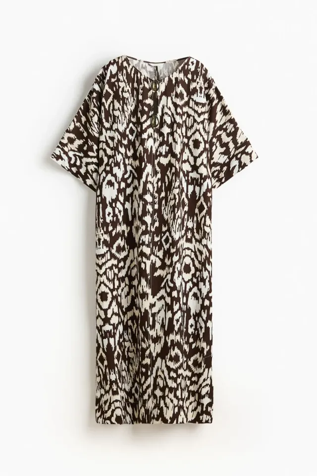 Midi Printed Shift Dress - Dark Brown, Three-Fourth Sleeves, Loose Fit – image 4