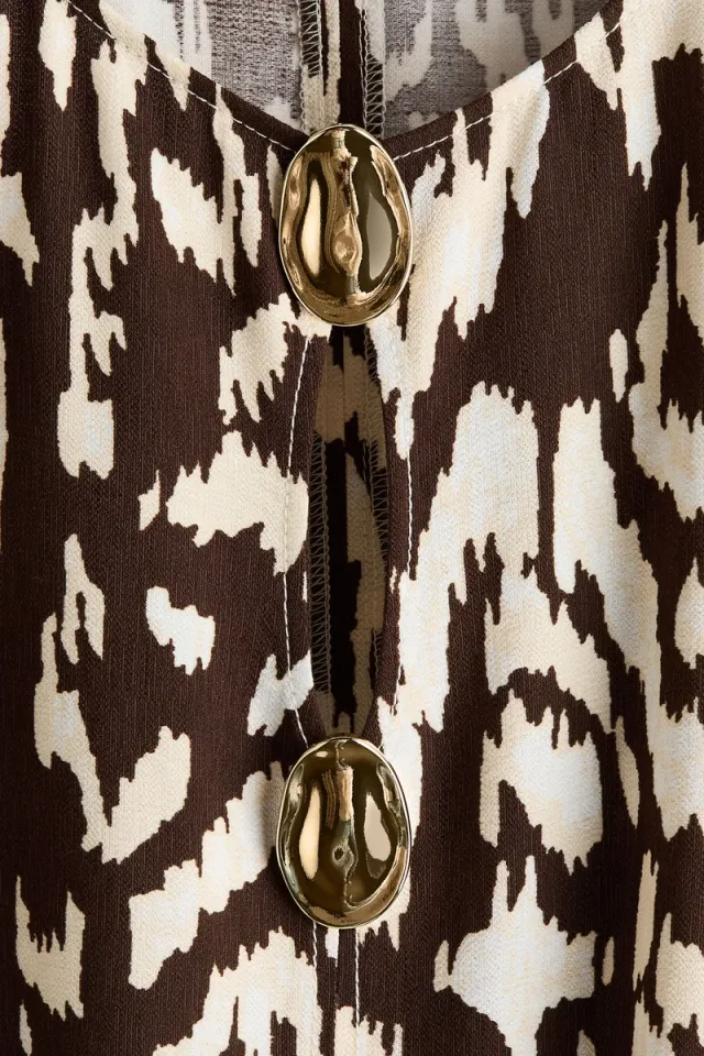 Midi Printed Shift Dress - Dark Brown, Three-Fourth Sleeves, Loose Fit – image 5