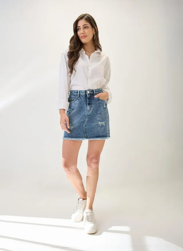 Globus Women's Mid-Rise Distressed Frayed Hem Denim Mini Skirt