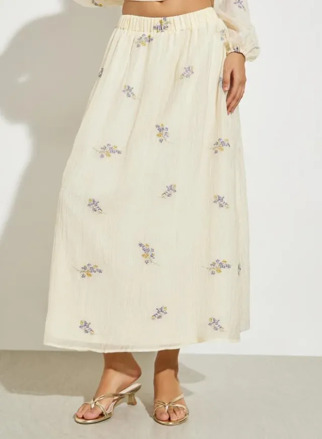 Floral Embroidered A-Line Midi Skirt, Off White – image 2