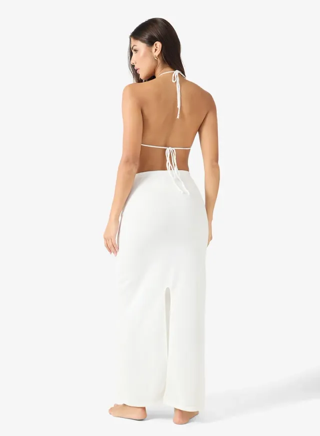 Cream Floral Embroidered Crochet Maxi Skirt and Bikini Top Set for Women – image 2