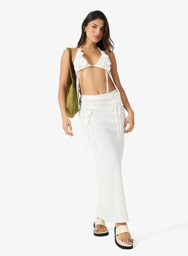 Cream Floral Embroidered Crochet Maxi Skirt and Bikini Top Set for Women – image 5