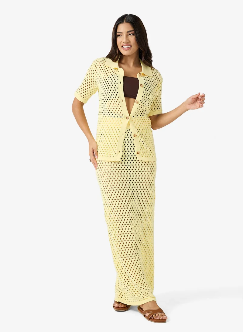 Crochet Button Down Shirt Maxi Skirt Set