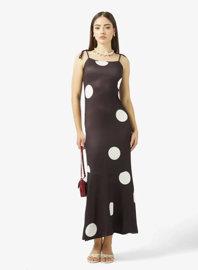 Dark Brown Polka Dot Maxi A-Line Dress with Straps – image 4