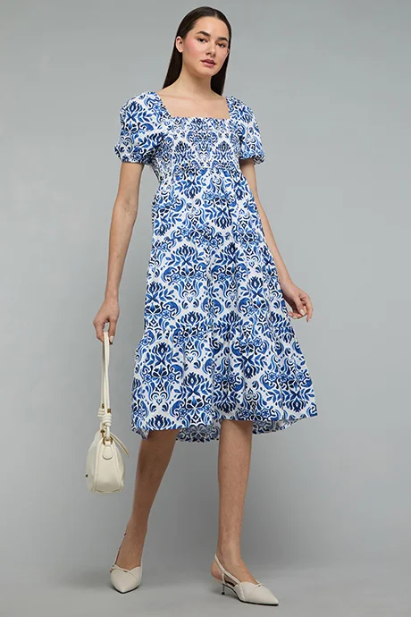 Patterned Square Neck A-Line Dress