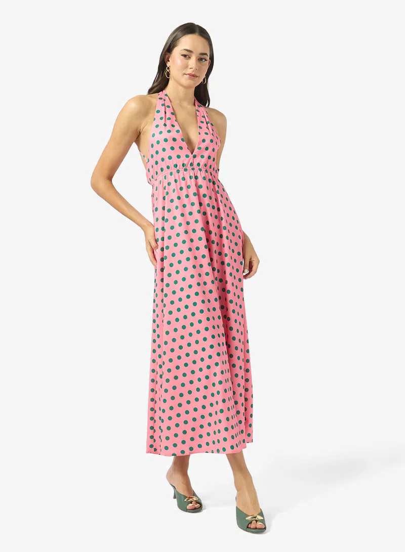 Polka Dot Halter Neck A-Line Dress