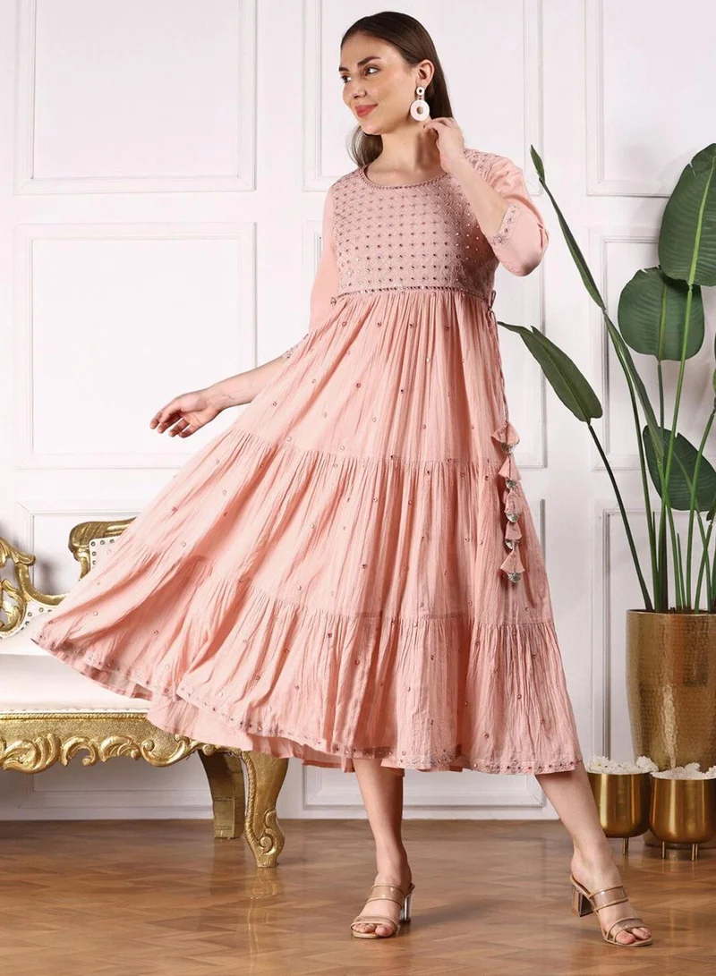 Women's Cotton Knee-Length A-Line Dress, Peach