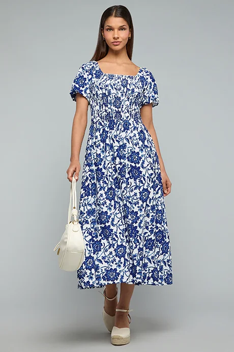 Printed Flared Dress Square Neck Puff Sleeve