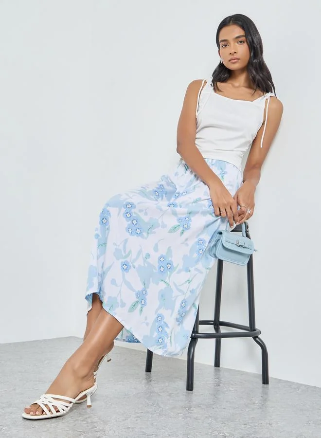 Floral Print Viscose A-Line Midi Skirt