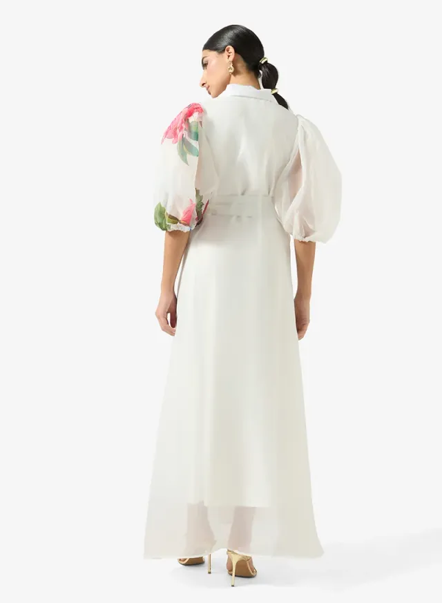 White Floral Print Maxi Shirt Dress with Long Sleeves and Collar – image 2
