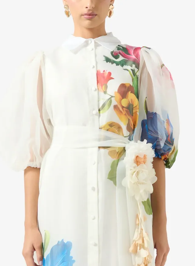 White Floral Print Maxi Shirt Dress with Long Sleeves and Collar – image 3