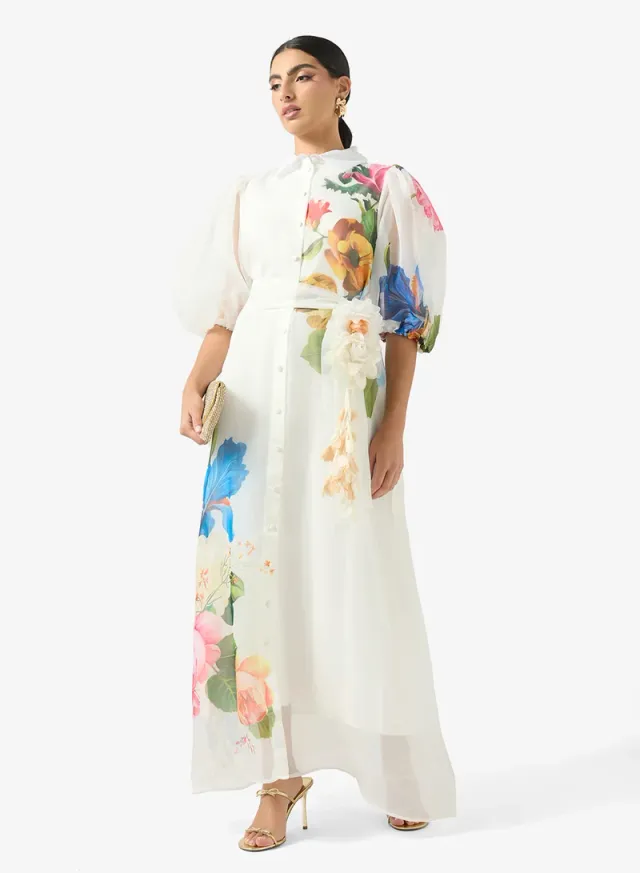 White Floral Print Maxi Shirt Dress with Long Sleeves and Collar – image 4