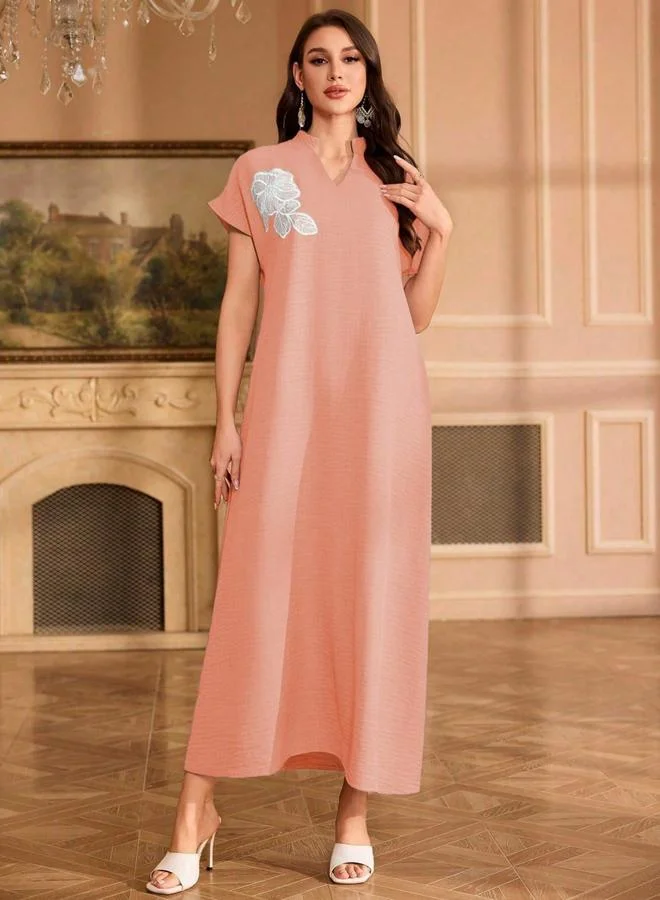Women Floral Patch Open Collar Maxi Dress