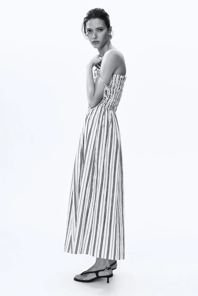 Black and White Striped Smocked Bodice Tie-Strap Midi Dress – image 2