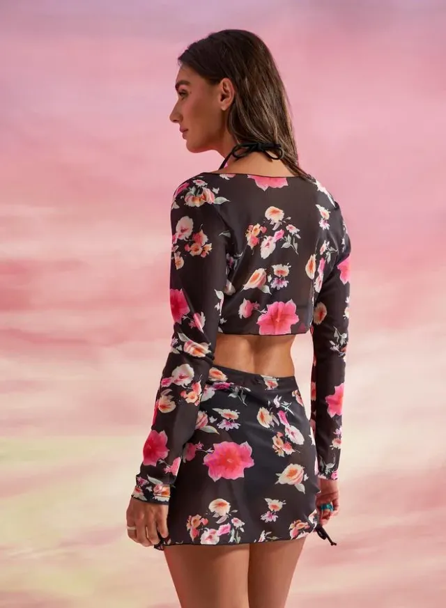 4-Piece Set: Floral Tie-Front Top, Ruched Skirt, Bikini Top, Briefs – image 6