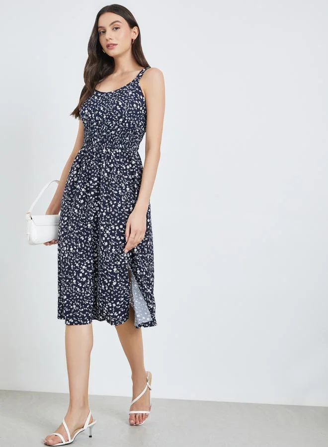 Floral Smocked Waist Strappy Midi Dress Blue