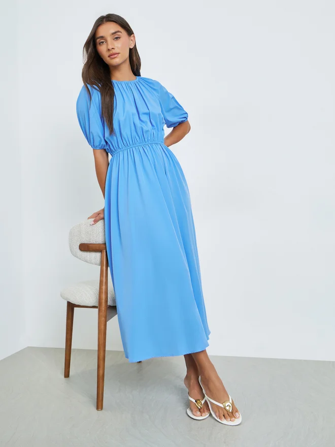 Solid Short Sleeve Midi Dress Blue
