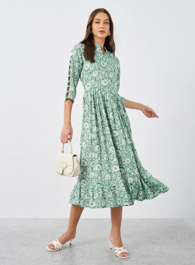 Floral Print Ruffled Hem A-Line Midi Dress