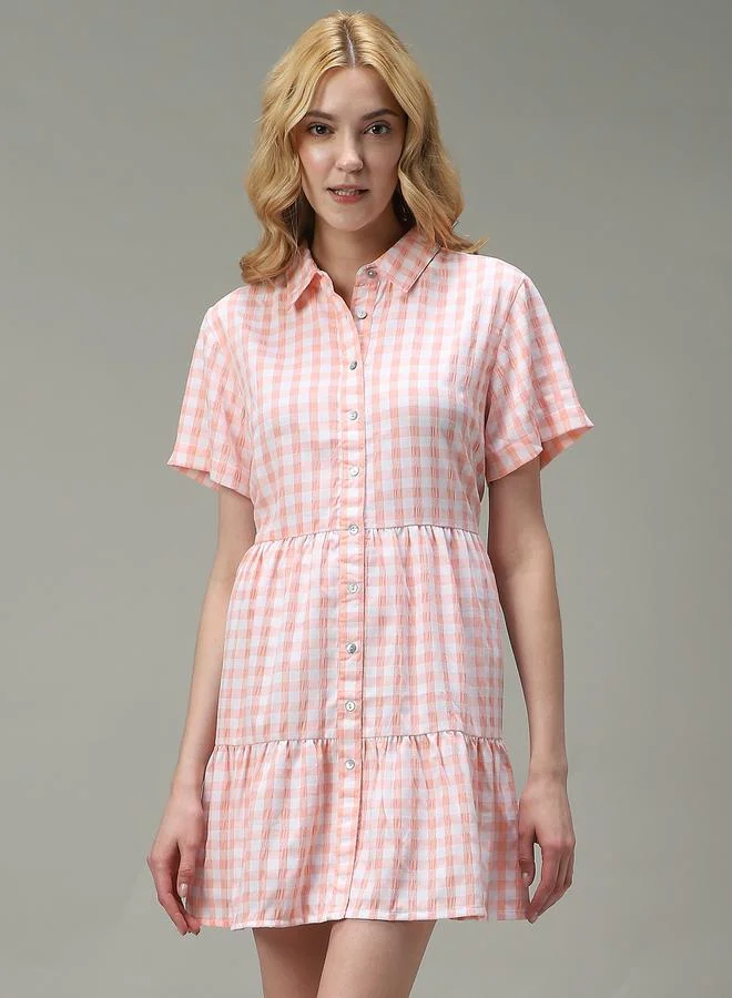 Checkered Tiered Dress Peach