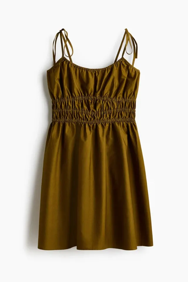 Dark Green Mini Fit & Flare Cotton Dress with Tie-Top Straps – image 4