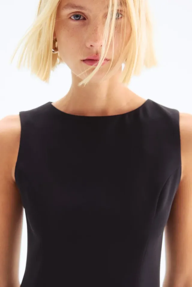 Black Mini Bodycon Shift Dress - Sleeveless, Round Neck, Recycled Polyester – image 3