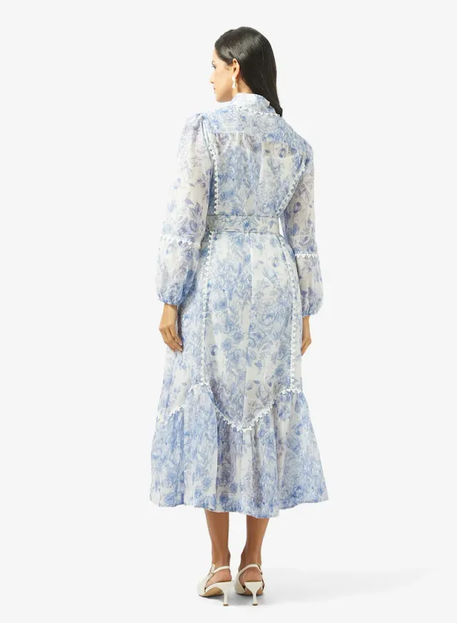 Blue and White Floral Midi Shirt Dress for Women – image 2