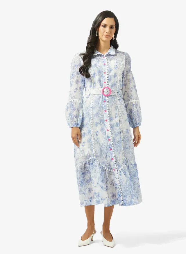 Blue and White Floral Midi Shirt Dress for Women – image 4
