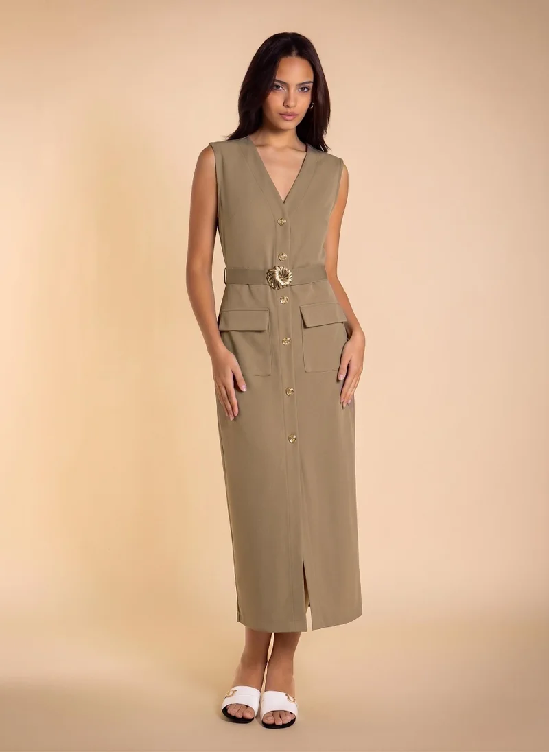 Fitted Midi Dress with Belt