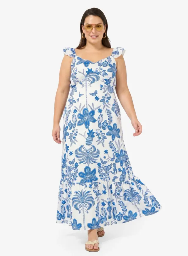 White and Blue Floral A-Line Sundress - Midi Length – image 4