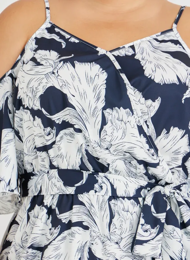 Navy Floral Cold-Shoulder Wrap Midi Dress – image 4
