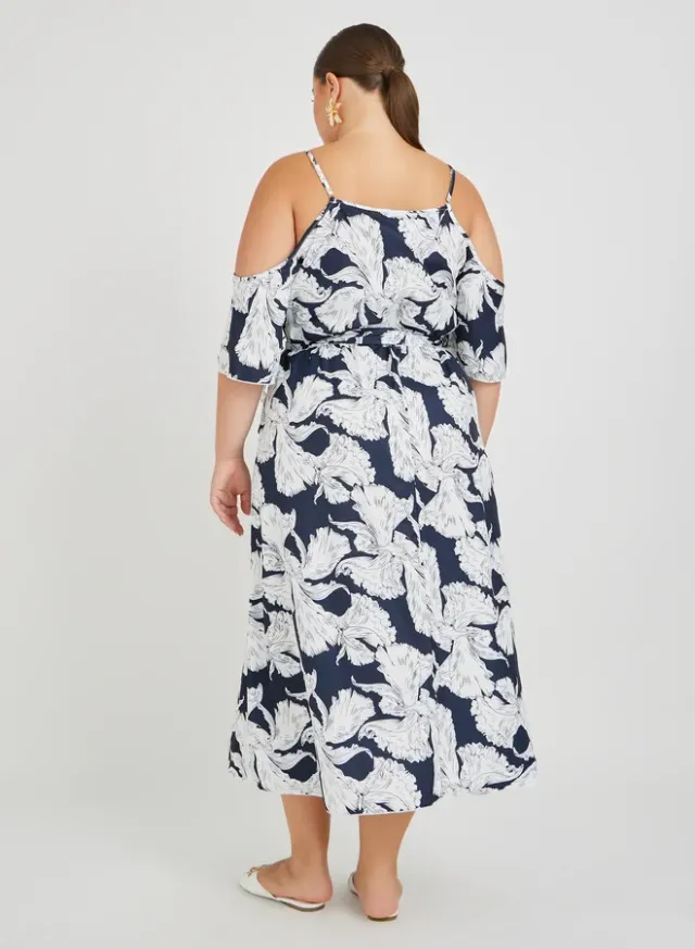 Navy Floral Cold-Shoulder Wrap Midi Dress – image 5