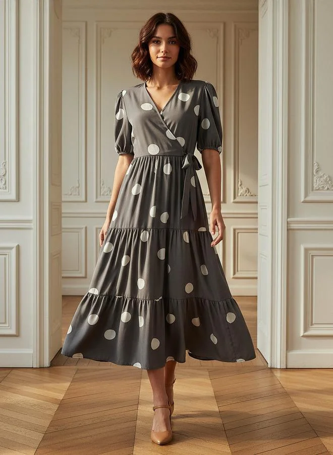 Polka Dot Print Short Sleeve Tie-Up Midi Tiered Dress
