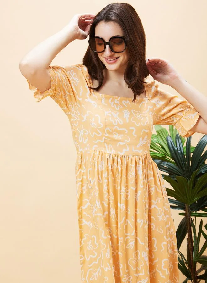 Floral Print Square Neck A-Line Mini Dress Peach