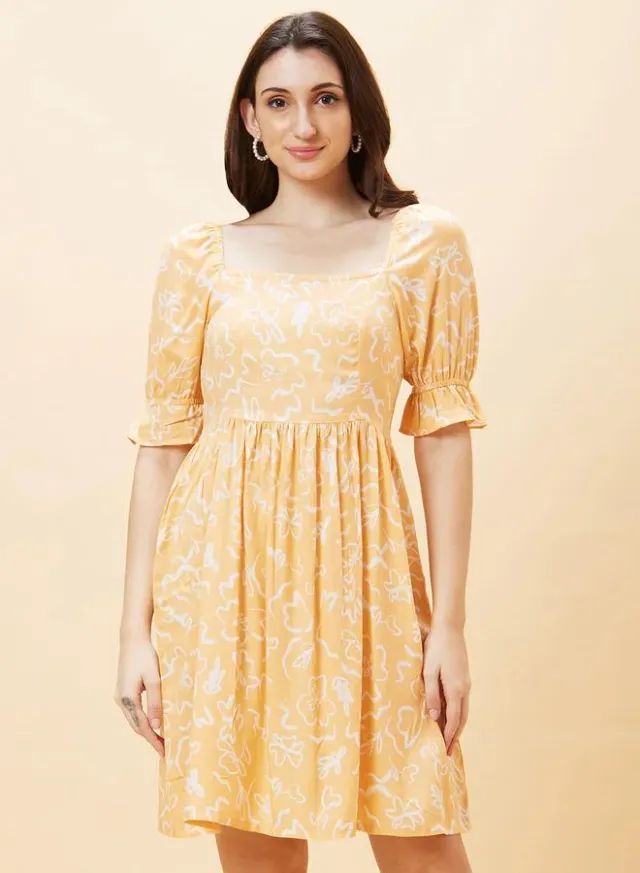 Floral Print Square Neck A-Line Mini Dress Peach – image 2