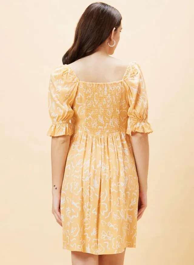 Floral Print Square Neck A-Line Mini Dress Peach – image 4