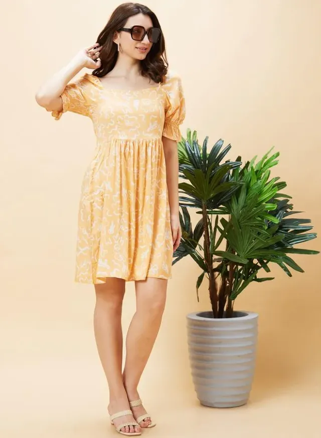 Floral Print Square Neck A-Line Mini Dress Peach – image 6