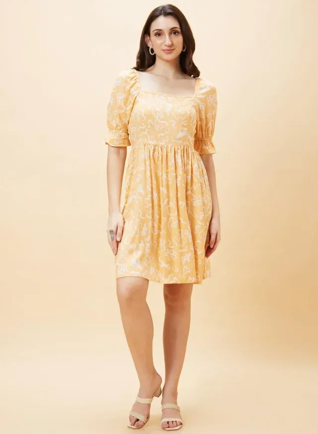 Floral Print Square Neck A-Line Mini Dress Peach – image 7