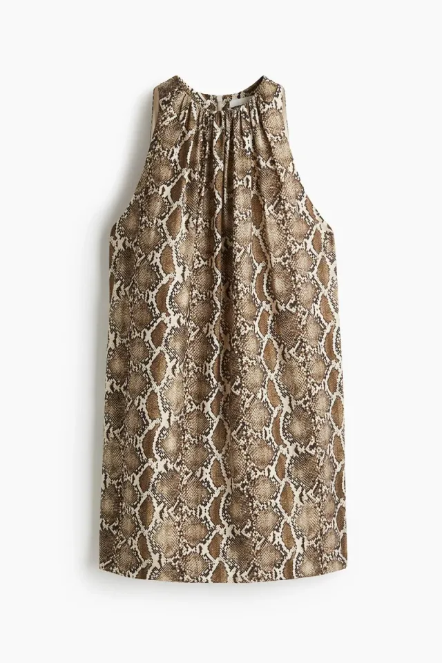 Beige and Brown Snake Print Halter Neck Mini Shift Dress – image 4