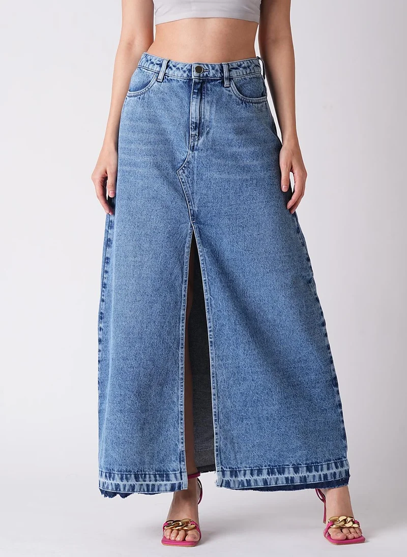Women's Fringed Front Slit A-Line Maxi Denim Skirt