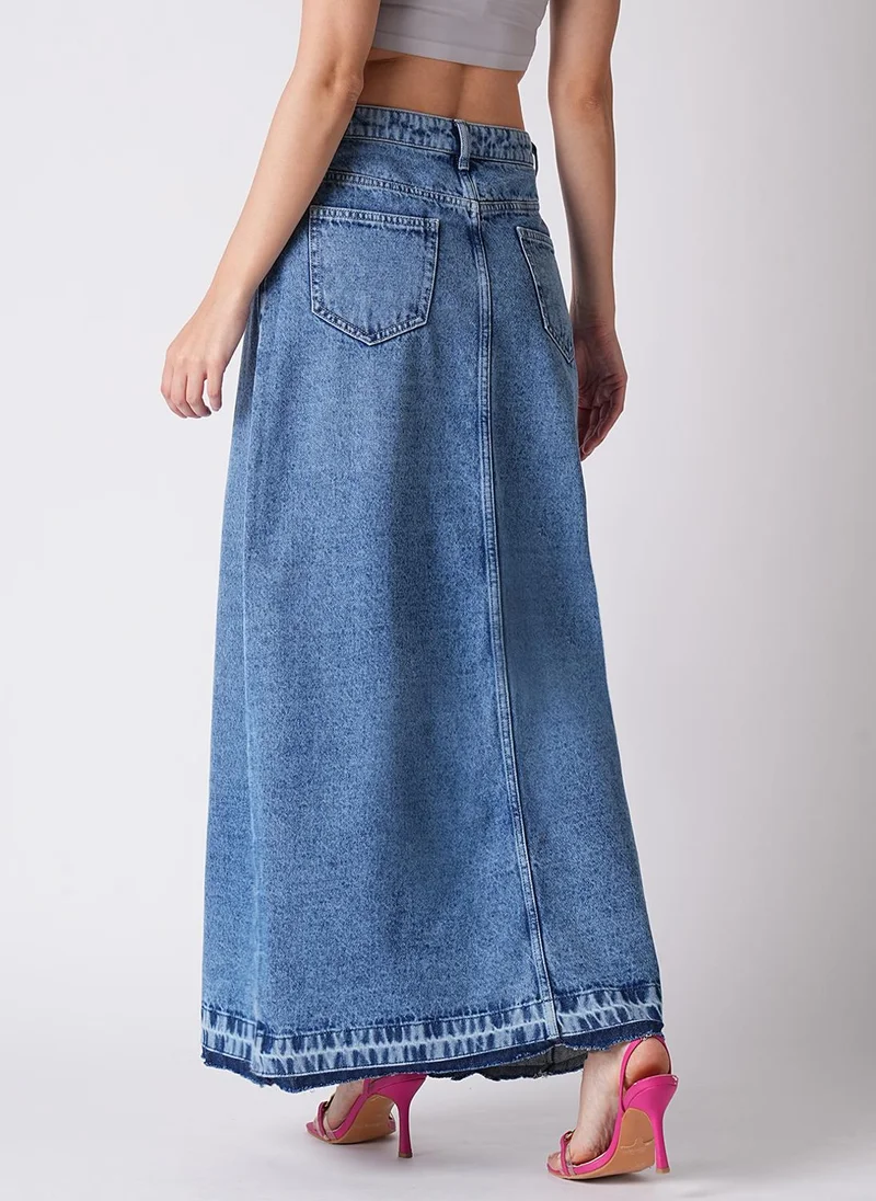 Women's Fringed Front Slit A-Line Maxi Denim Skirt