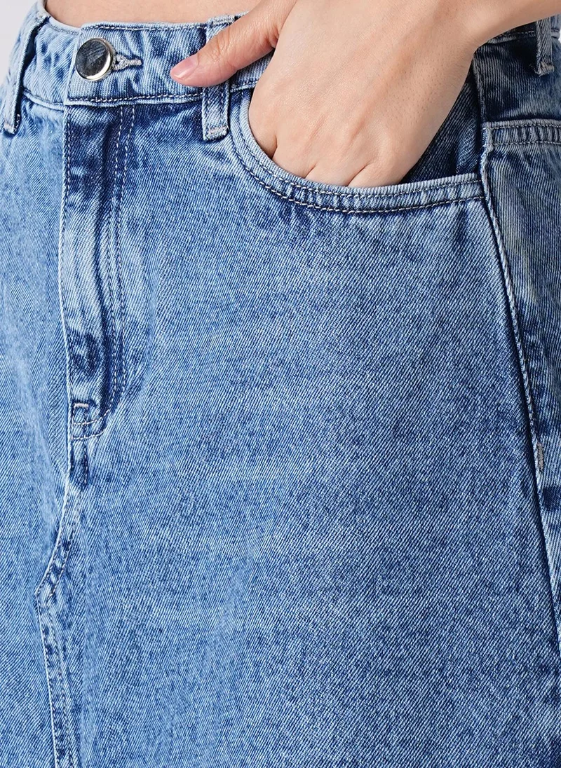 Women's Fringed Front Slit A-Line Maxi Denim Skirt