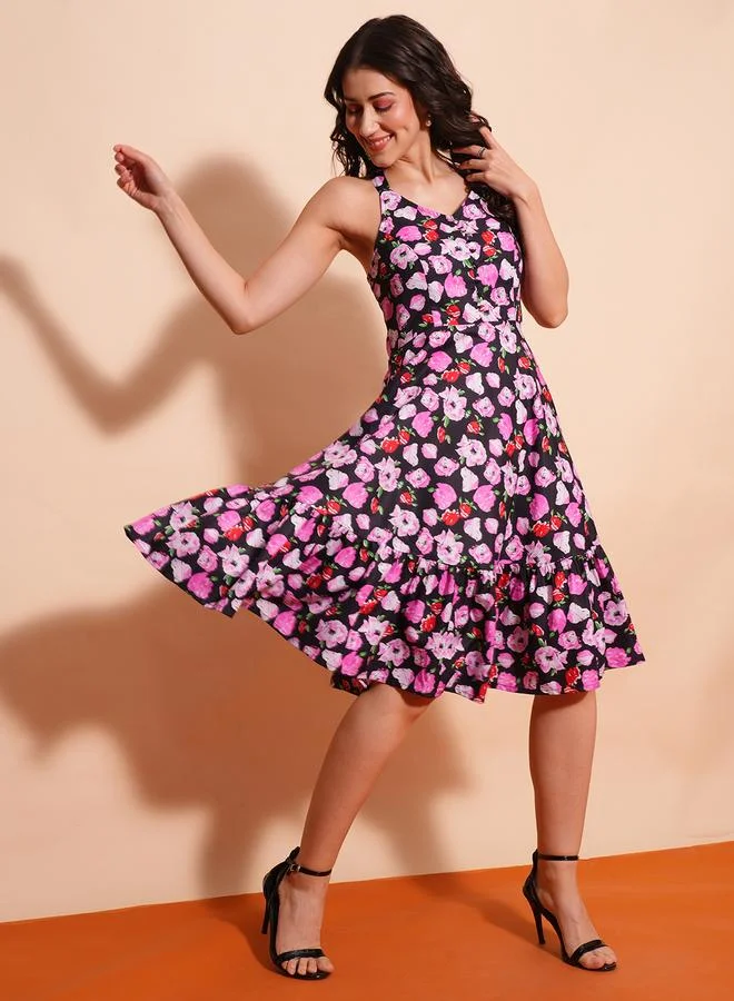 Women's Floral Print Halter A-Line Midi Dress