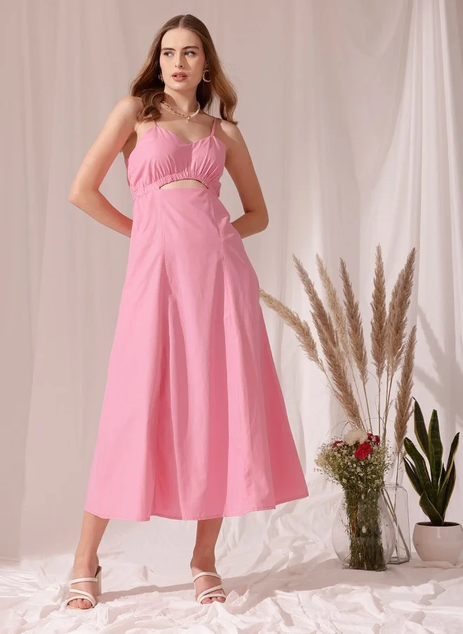 Cotton Fit & Flare Midi Dress Pink