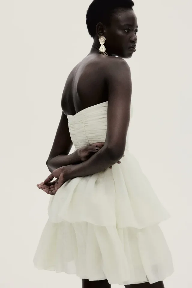 White Mini Flared Skirt Bandeau Dress - Sweetheart Neck, Sleeveless, Tiered Style – image 5
