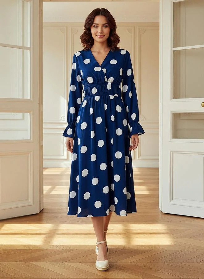 Polka Dot Long Sleeve Cinched Waist Midi Dress