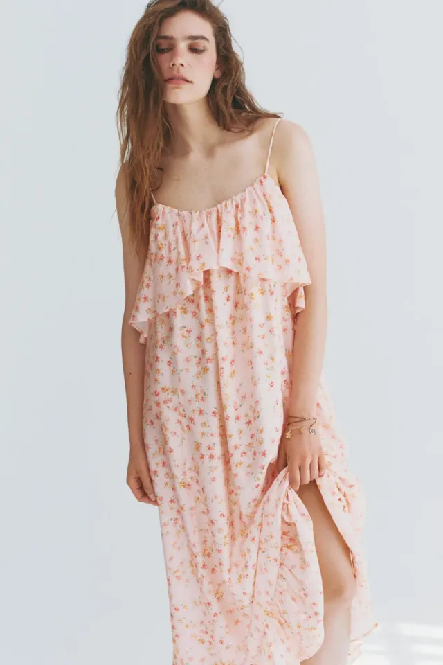 Light Pink Floral Tiered A-Line Midi Dress with Adjustable Spaghetti Straps – image 4